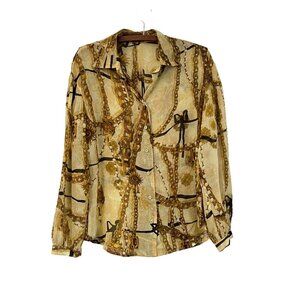 Robert Graham Womens Tan Chainlink Charm Silk Long Sleeve Button Shirt Size S